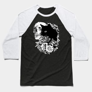 Skull and Black cat with peony, skeleton with flowers, black and white drawing Baseball T-Shirt